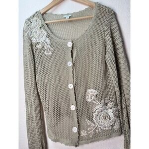 JJill Petite SP Beige Crochet Cardigan Floral Embroidered Button Front‎ Sweater